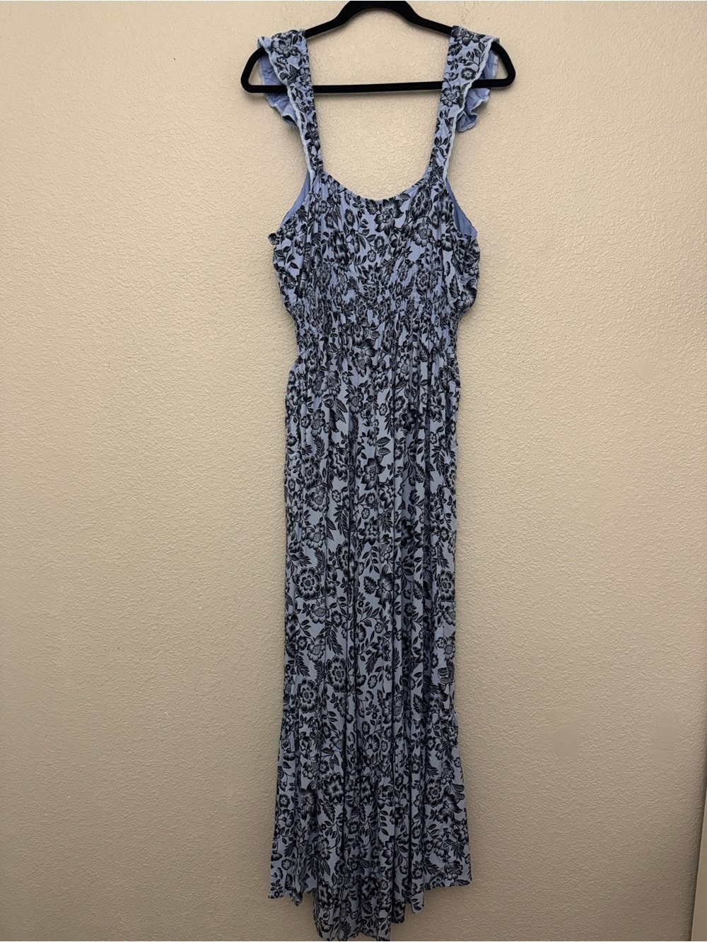 Aerie Blue Floral Smocked Wide Leg Jumpsuit Flowy Boho Pockets Size XL - Picture 9 of 15